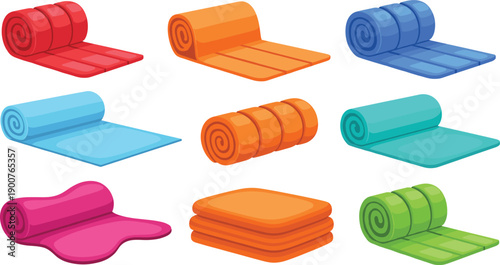 Set of colorful yoga mats and exercise mats in rolled and folded styles, fitness and wellness equipment, modern cartoon vector illustrations isolated
