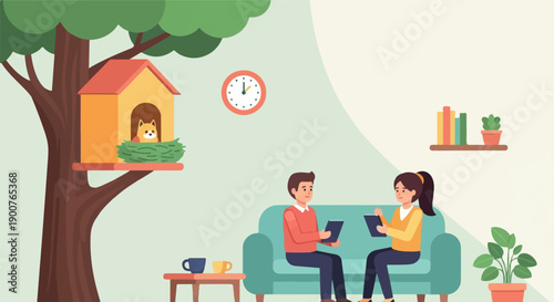 Two people sit on a sofa in a room with a dog in a treehouse