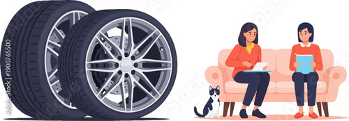 Two car wheels and a consultation scene with two women and a cat