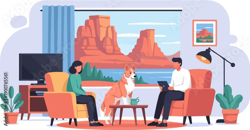 Two people and dog relax indoors with desert landscape view