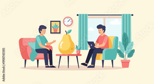 Two men conversing and using technology in a cozy living room setting