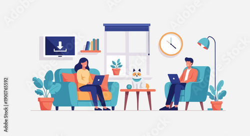 Two people and dog relax on sofas using laptops in a room