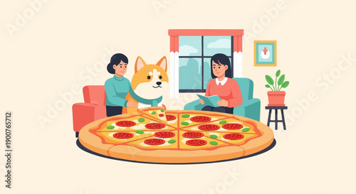 Two people and dog share a large pizza in a cozy room