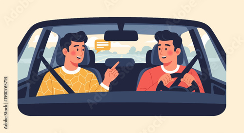 Two men conversing while driving a car on a sunny road