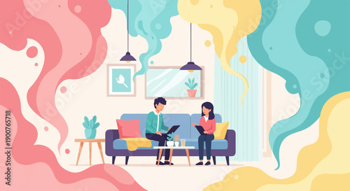 Two people sit on a couch talking, with abstract colorful shapes