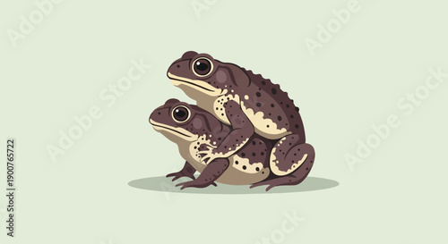 Two brown frogs with dark spots are positioned on a light green background