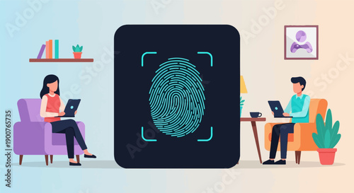 Two people interact with devices displaying biometric security and digital interfaces