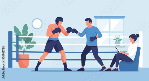 Two boxers sparring in a ring with a coach observing from a chair