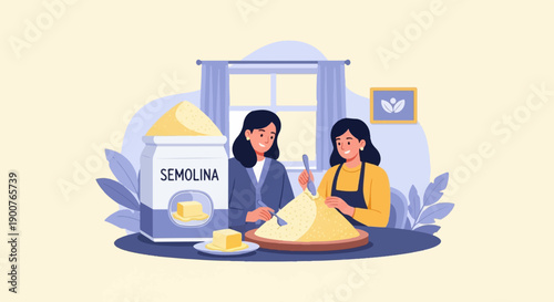 Two smiling women preparing a large mound of semolina on a table