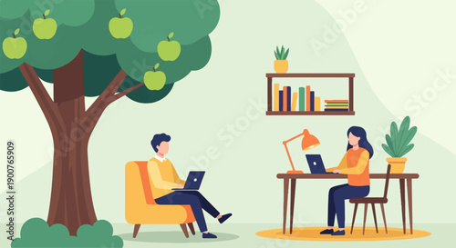 Two people work on laptops next to a tree and a bookshelf
