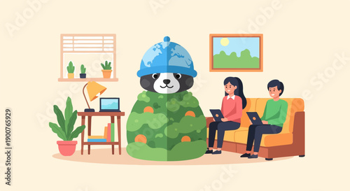 Two people relax on a couch while a panda with a globe hat sits nearby