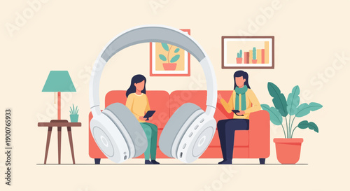 Two people relax on a couch with large headphones and tablets