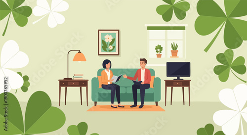 Two people sit on a couch reading books while shamrocks surround the room