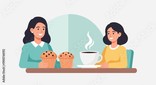 Two smiling women sit at a table with muffins and hot coffee