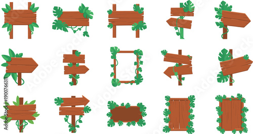Set of wooden direction signboards with tropical leaves and vines, blank rustic boards for jungle or garden themed designs