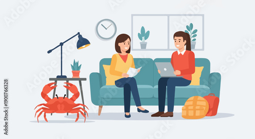 Two people on a couch with a crab and laptop, reading, in a room
