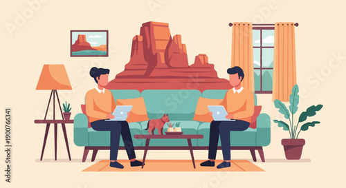 Two people on a couch using laptops with desert landscape backdrop
