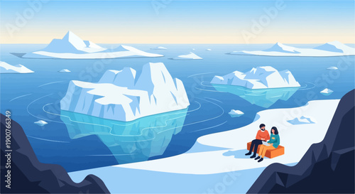 Two people work on laptops on an icy shore with icebergs floating in the ocean