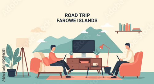 Two men on laptops in a cozy room with a scenic view of mountains