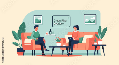 Two people relax indoors with laptops, framed art, and plants