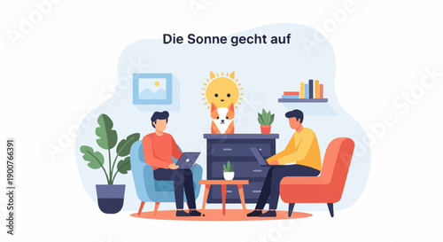 Two men on laptops in a room with sun and fox character