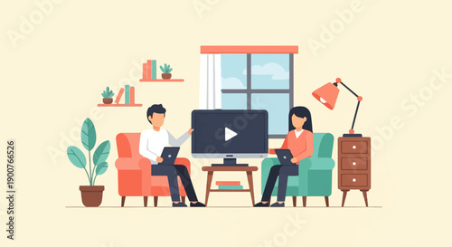 Two people sit in armchairs watching television and using laptops indoors
