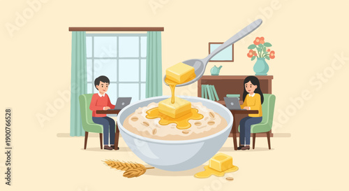 Two people work on laptops while enjoying a large bowl of oatmeal with butter