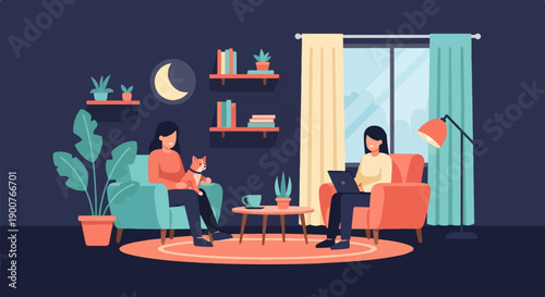 Two people relax indoors with a pet, plants, and moon