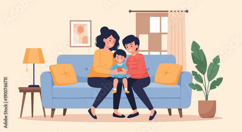 Two adults and child sitting on a couch holding a heart shape