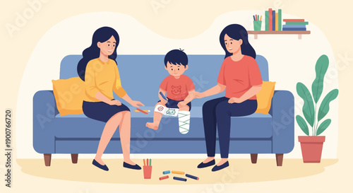 Two adults supervise a child with a cast drawing on their leg
