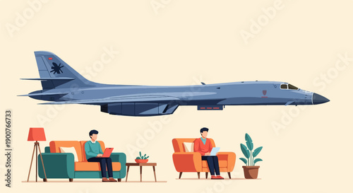 Two men using laptops in living rooms with a large bomber plane overhead