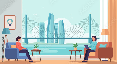 Two people relax indoors with a large window view of a suspension bridge and city
