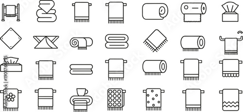 Set of bathroom towel and textile outline icons including folded towels, hanging towels, rolls, and fabric accessories, minimal line vector illustrations isolated on white