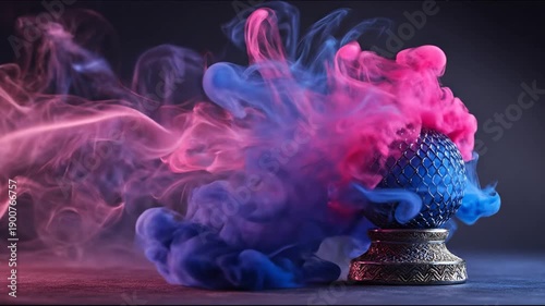A mystical globe with vaporized clouds of pink and blue, floating over a patterned golden base