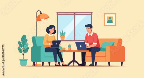 Two people work on laptops while sitting on a sofa in a cozy room
