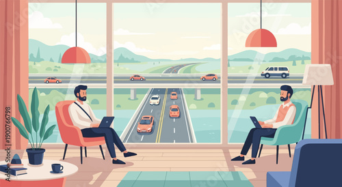 Two men work on laptops in a room overlooking a busy highway