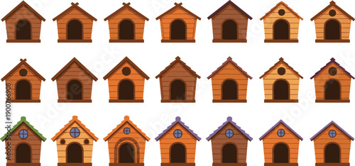 Cute wooden dog house icon set featuring colorful pet shelters with different roof styles for veterinary, animal care, and pet shop design projects