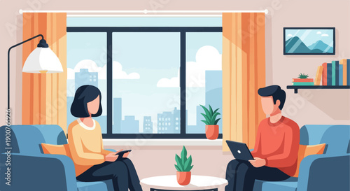 Two people relax indoors, looking at devices with city view