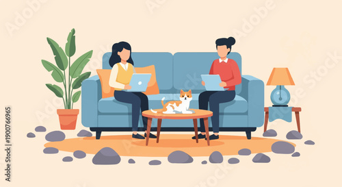 Two people on sofa with laptops, cat on table, plant, lamp