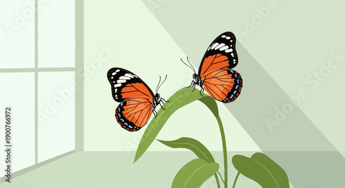 Two orange butterflies perched on a vibrant green leaf indoors