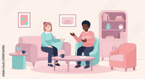 Two people chatting comfortably in a cozy living room with pastel furnishings
