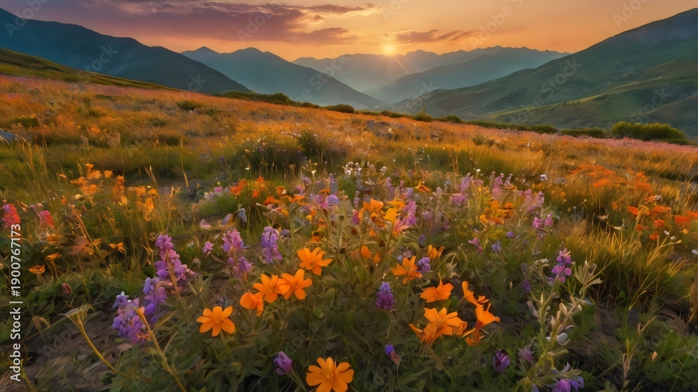 Fototapeta premium Wildflower Field Blooming During Sunset at Mountains, Scenic Nature Landscape, Colorful Meadow, Golden Hour Photography, Tranquil Outdoor Beauty