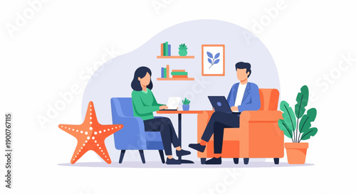 Two people collaborate remotely, one with a starfish decor