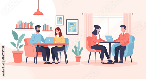 Two pairs of people are working on laptops at tables in a modern room