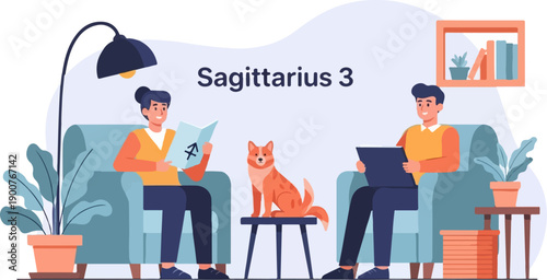 Two people read in armchairs with a dog on a stool and plants around