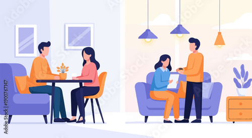 Two pairs of people enjoying conversations and drinks in a bright, modern setting