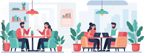 Two pairs of people in a modern indoor space, one pair conversing, the other pair working on laptops