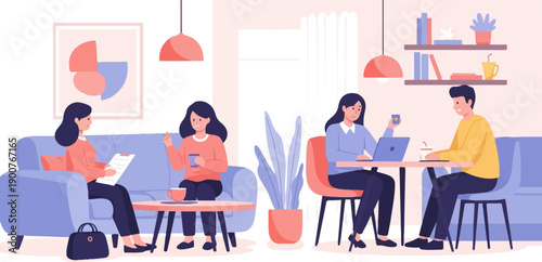 Two pairs of people interacting in a modern lounge space, one pair on a couch and another at a table