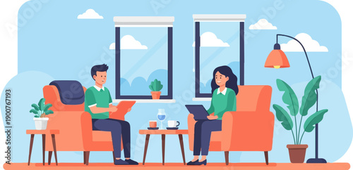 Two people relax in chairs by windows, one with a laptop and one reading