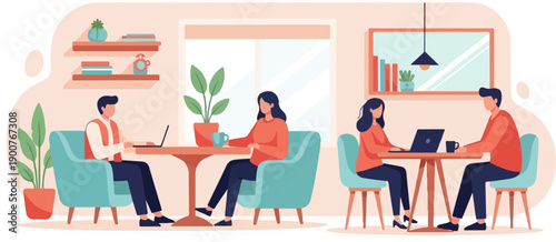 Two pairs of people working on laptops in a cafe setting